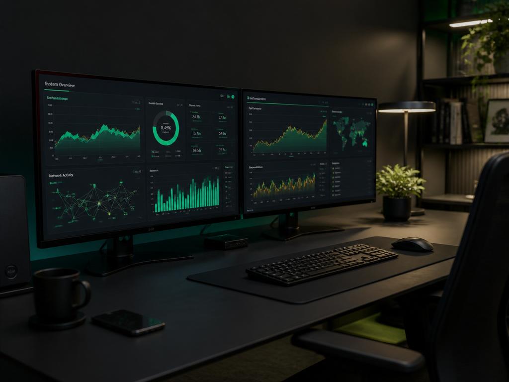 Operator workspace with workflow diagrams and analytics dashboards